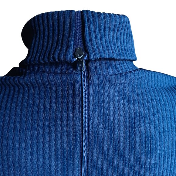 Medium True Vintage Turtleneck Sweater Knit Blue Ribbed Back Zipper 1970s Mod - Picture 3 of 5